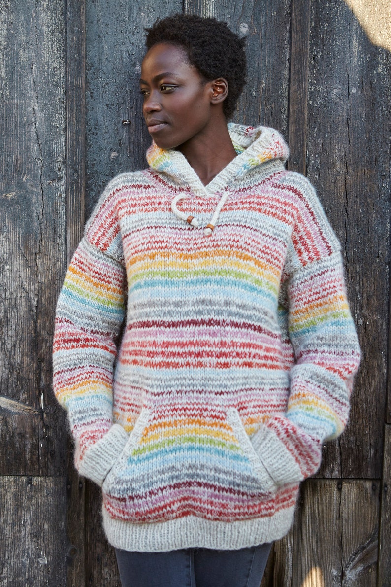 Women's Wool Hoody Mohair Hoody Rainbow Design Knitted Hoody Pastel