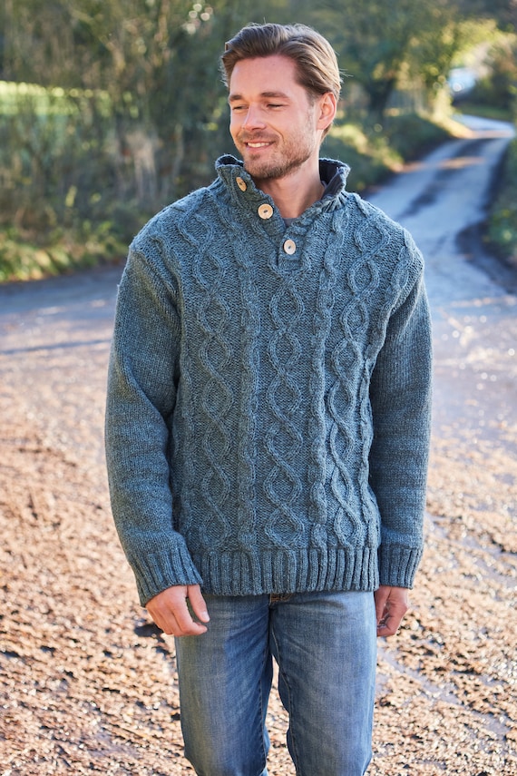 Mens Cable Knit Jumper Blue Knit Sweater Mens Cable Knit