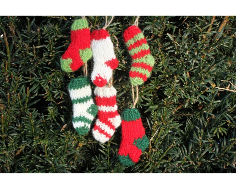 Hand Knitted Miniature Stockings 6 Pack Christmas Decoration, 100% Wool Hanging Tree Ornament, Fair Trade Assorted Colours, Xmas Quirky Fun Decoration