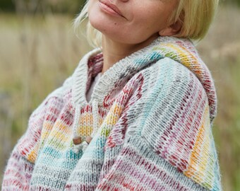 Felpa con cappuccio da uomo in maglia Fair Isle blu - 100% lana / Pachamama - Italia