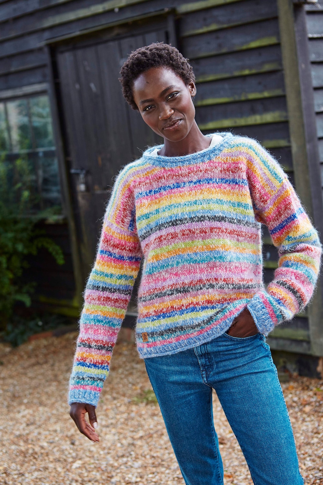 Rainbow striped letter knit sweater deals