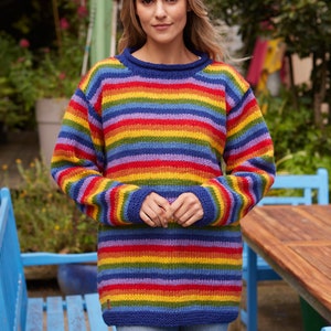 Men's & Women's Bright Rainbow Knitted Jumper - 100% Wool - Fun Multicoloured Sweater - Relaxed Retro Jumper - Ethical Gift - Pachamama