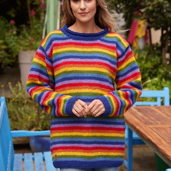 Men's & Women's Bright Rainbow Knitted Jumper - 100% Wool - Fun Multicoloured Sweater - Relaxed Retro Jumper - Ethical Gift - Pachamama