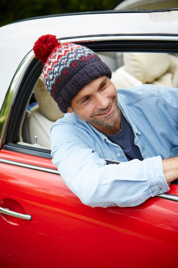 Gorro con pompón tejido a mano para hombre, 100% lana, diseño de contraste  de color, cálido gorro de invierno, colores alegres surtidos, forro polar,  comercio justo -  España