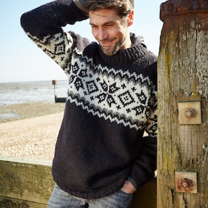 Men&#39;s Knitted Sweater - Grey Knit Jumper - Black Fair Isle Sweater - Snowflake Jumper - Men&#39;s Sweater - Men&#39;s Winter Jumper - Pachamama