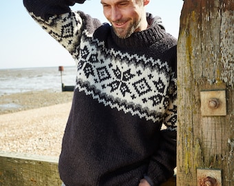 Men&#39;s Knitted Sweater - Grey Knit Jumper - Black Fair Isle Sweater - Snowflake Jumper - Men&#39;s Sweater - Men&#39;s Winter Jumper - Pachamama
