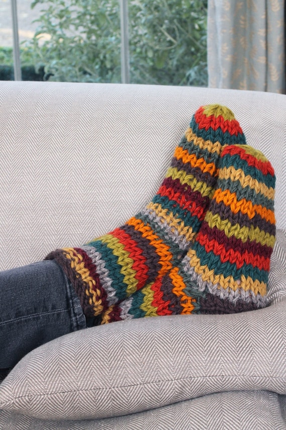 Striped Chunky Knitted Sofa Socks - Warm Cosy Rainbow Lounge Socks - Earthy - 100% Wool - Fair Trade - Sustainable Clothing -Pachamama |tbdc