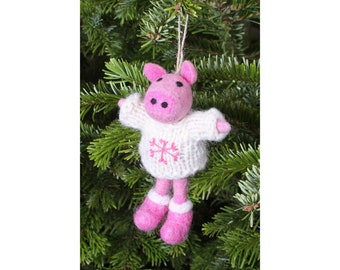 Hand Felted Pig Christmas Decoration, 100% Wool, Hanging Tree Ornament, Fair Trade, Cute Animal Design