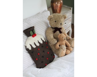 Hand Knitted Christmas Pudding Hot Water Bottle Cover, 100% Wool Unlined, Fair Trade, Includes 2L Hot Water Bottle, Handmade Embellishment
