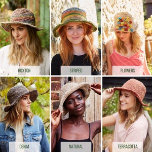 May include: Six different crochet hats in various colors and patterns, including striped, floral, and solid colors. The hats are all made with a similar style, with a wide brim and a rounded crown. The hats are shown being worn by different people in a variety of settings.