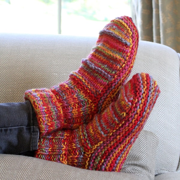 Hand Knitted Sunrise Socks - Lined Sofa Socks - 100% Wool - Slipper Socks - Chunky Knit - Rainbow Stripe - Ethical - Fair Trade - Pachamama