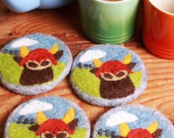 Highland Cow Coasters - Set of 4 Felt Coasters - Cute Cow Coasters - Wool Coasters - Animal Coasters - Farm Coasters - Pachamama