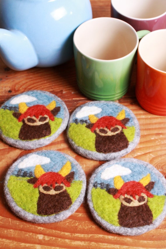 Highland Cow Coasters - Set of 4 Felt Coasters - Cute Cow Coasters - Wool Coasters - Animal Coasters - Farm Coasters - Pachamama