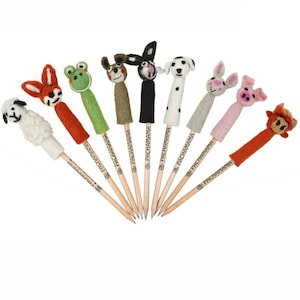 100% Handmade Felt Wool Pencil Toppers, Animal Pencil Toppers, Dog, Cat, Bear, Bunny, Fox, Nepalese Wool, School and Office, Pencil Included
