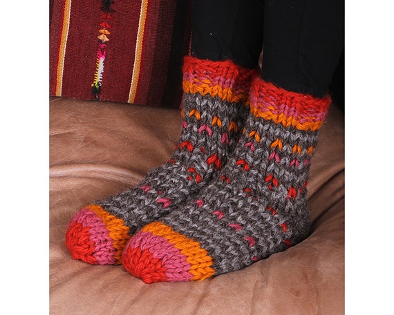 Women s Chunky Knit Sofa Socks Warm Thick Socks Welly Socks Cosy Socks Stripy Red Orange Brown Pattern Slow Fashion Pachamama Etsy UK