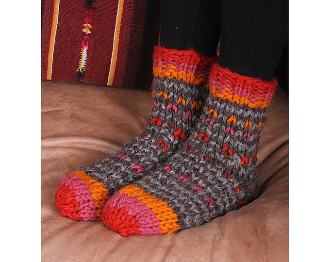 Women's Chunky Knit Sofa Socks - Warm Thick Socks - Welly Socks - Cosy Socks - Stripy Red Orange Brown Pattern - Slow Fashion - Pachamama