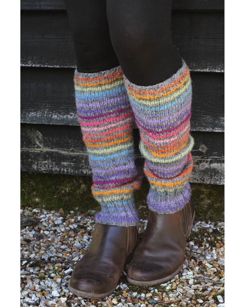 Hand Knit Rainbow Stripe Leg Warmers, 100% Wool, Fair Trade Unlined Legwarmers, Knee High Boot Toppers, Pastel Sunrise Colourful Soft Stripy image 1