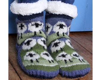 Hand Knitted Sheep Lined Slipper Socks With Suede Sole, Fair Trade Cute Lamb Animal Design, 100% Wool, Sherpa Fleece Cosy, Comfy House Socks