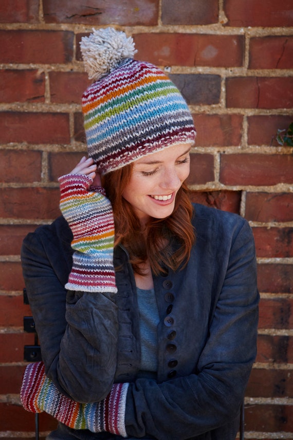 Hand Knitted Hat Stripe Stripy Beanie 