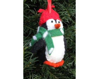 Décoration de Noël pingouin festive feutrée à la main, 100 % laine, décoration d'arbre à suspendre, commerce équitable, motif animal mignon.