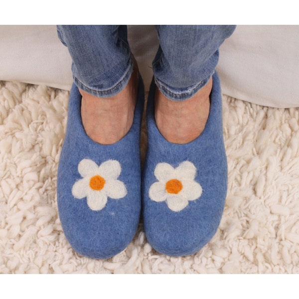 Women's Hand Felted Daisy Slipper, 100% Wool, Bright Flower Design, Felt Cosy Slippers, Suede Sole, Warm Hygge Style, Fair Trade Blue & Bark