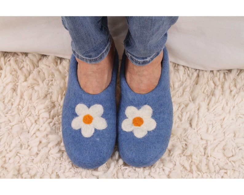 Women's Hand Felted Daisy Slipper, 100% Wool, Bright Flower Design, Felt Cosy Slippers, Suede Sole, Warm Hygge Style, Fair Trade Blue & Bark Blue 38-39