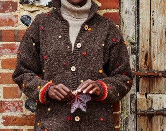 Women's Hand Knitted Dotty Denim Cardigan - 100% Wool - Unlined French Knots - Polka Dot Multicolour - Coconut Shell Buttons - Pachamama