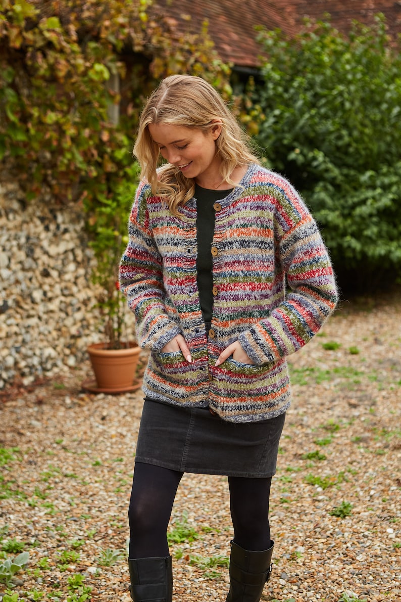 Women's Soft Rainbow Handmade Cardigan Muted Rainbow Cardi Soft Mohair Cardigan Coconut Shell Buttons Pachamama image 2