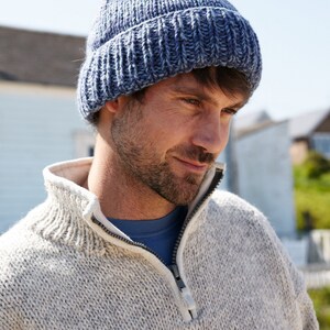 Men's Hand Knitted Bobble Beanie, 100% Wool, Salt & Pepper Design, Warm Winter Hat, Assorted Colours, Fleece Lined, Fair Trade, gift for him Denim