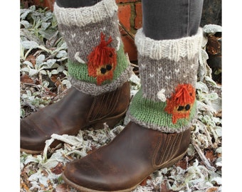 Fair Trade Highland Cow Boot Manschette für Damen, 100% Wolle Knöchelwärmer, erdige Schuhmanschette, passendes Set