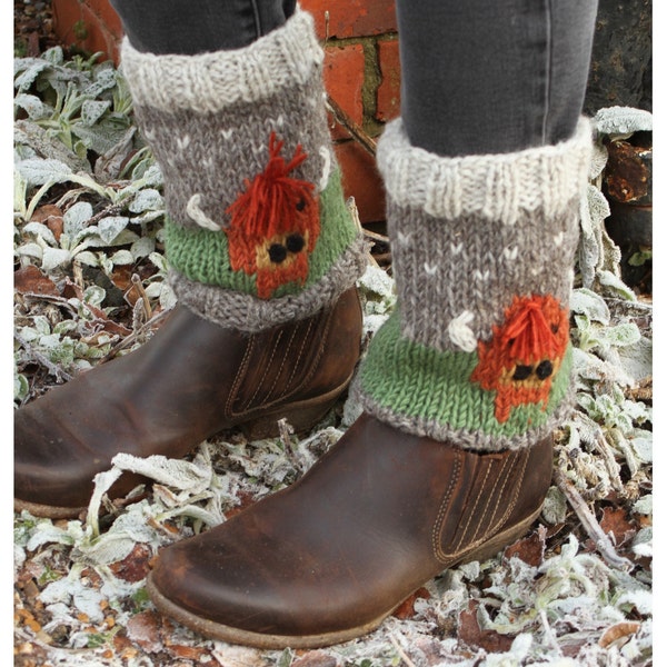 Women's Fair Trade Highland Cow Boot Cuff, 100% Wool Ankle Warmers, Earthy Shoe Cuff,  Matching Set