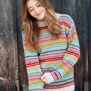 Women's Rainbow Stripe Jumper -  Grandad Sweater - Retro Jumper - Bright Rainbow Pullover - Multicoloured Oversized - 100% Wool - Pachamama