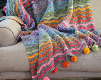 San Clemente Handmade Crochet Throw - 100% wool - Vibrant Wavy Colours - Finished with Gorgeous Multi Coloured Pompoms