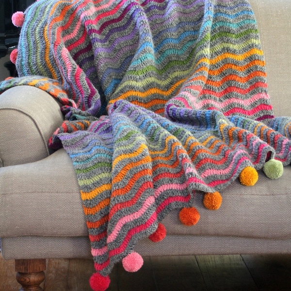 San Clemente Handmade Crochet Throw - 100% wool - Vibrant Wavy Colours - Finished with Gorgeous Multi Coloured Pompoms