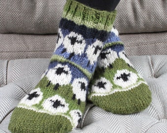 Women's Flock of Sheep Sofa Socks - 100% Wool - Fair Trade - Handmade Cute Lamb Socks - Cosy Loungewear Socks - Knitted - Pachamama