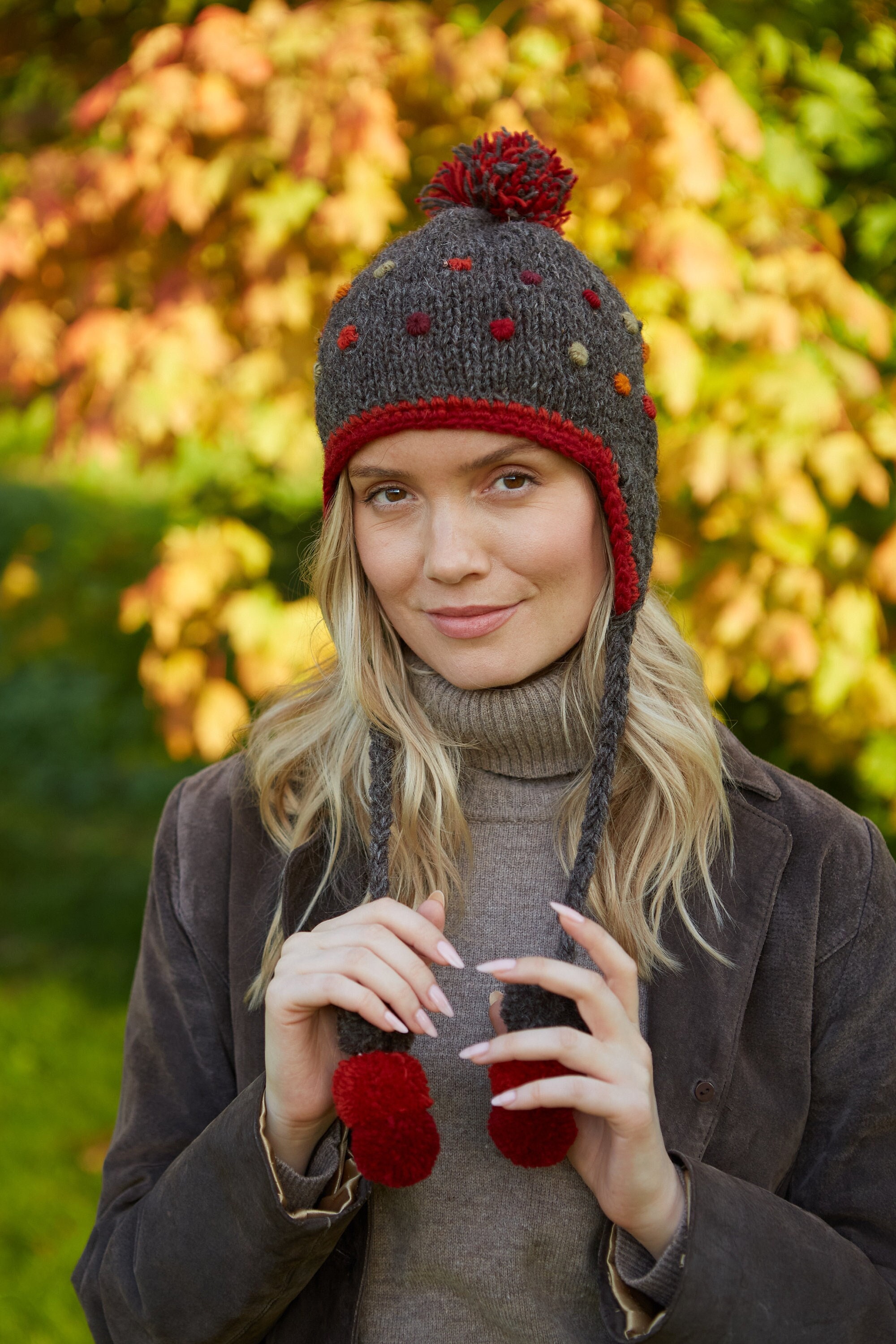 GREUS Women's Winter Beanie Hat With Ear Flaps & Tassels - Peruvian Chullo Knit Wool Cap - View #11