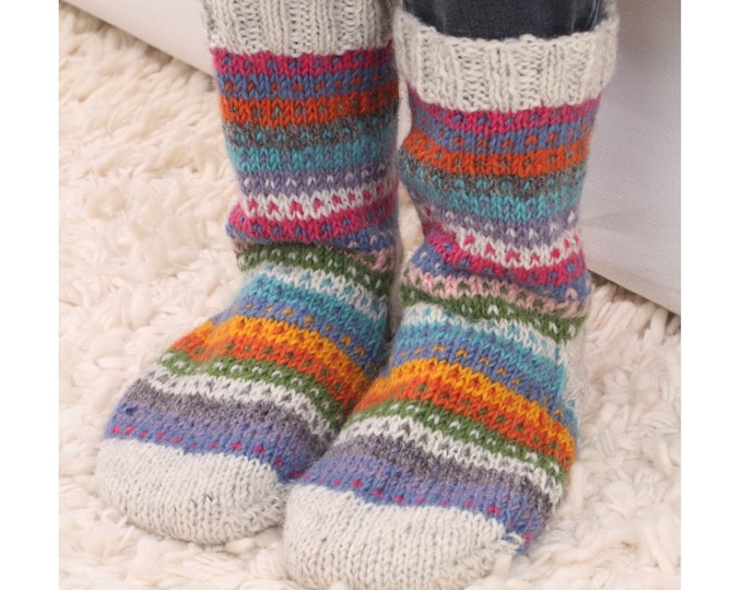 Women's Hand Knitted Sofa Socks, 100% Wool, Stripe, Fair Trade, Handmade, Soft Stripy Rainbow, Cosy, Sofa Bed Welly, Comfy Loungewear