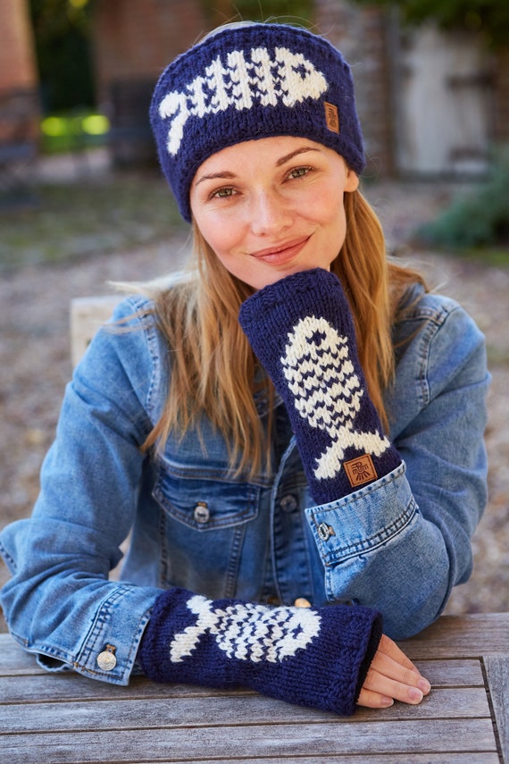 Women's Fish Knitted Beanie Hat Navy Handwarmers Blue Knit