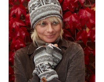 Women's Snowflake Beanie - Winter Headband - Fair Isle Fingerless Gloves - Warm Bobble Beanie - 100% Wool - Ethical Clothing - Pachamama