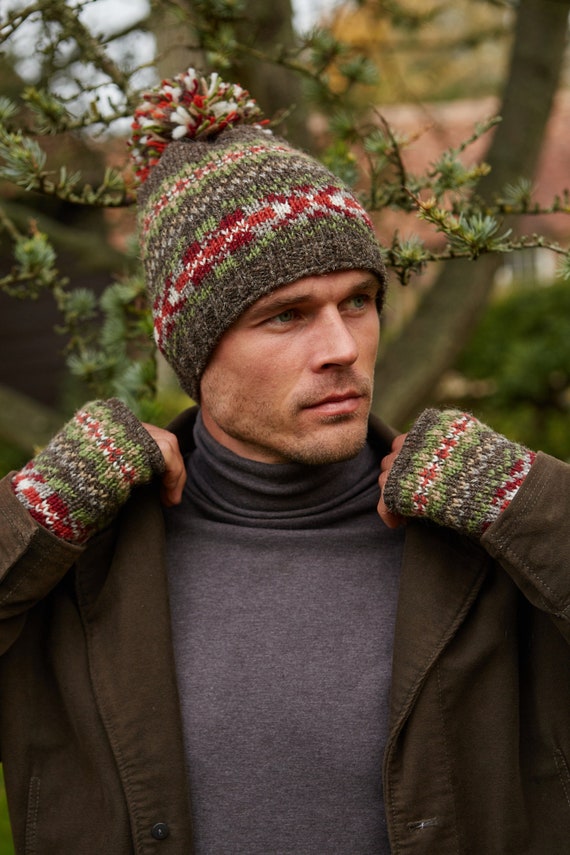 Bonnet à pompon tricoté à la main pour hommes, 100% laine