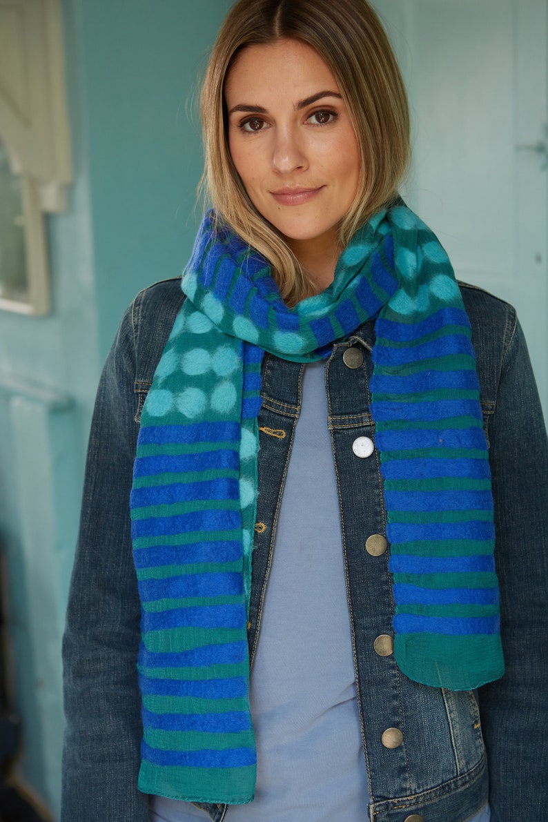 Women's Hand Felted Scarf Spots and Stripes Soft Scarf for Spring and Summer Merino Wool & Chiffon Pachamama image 2