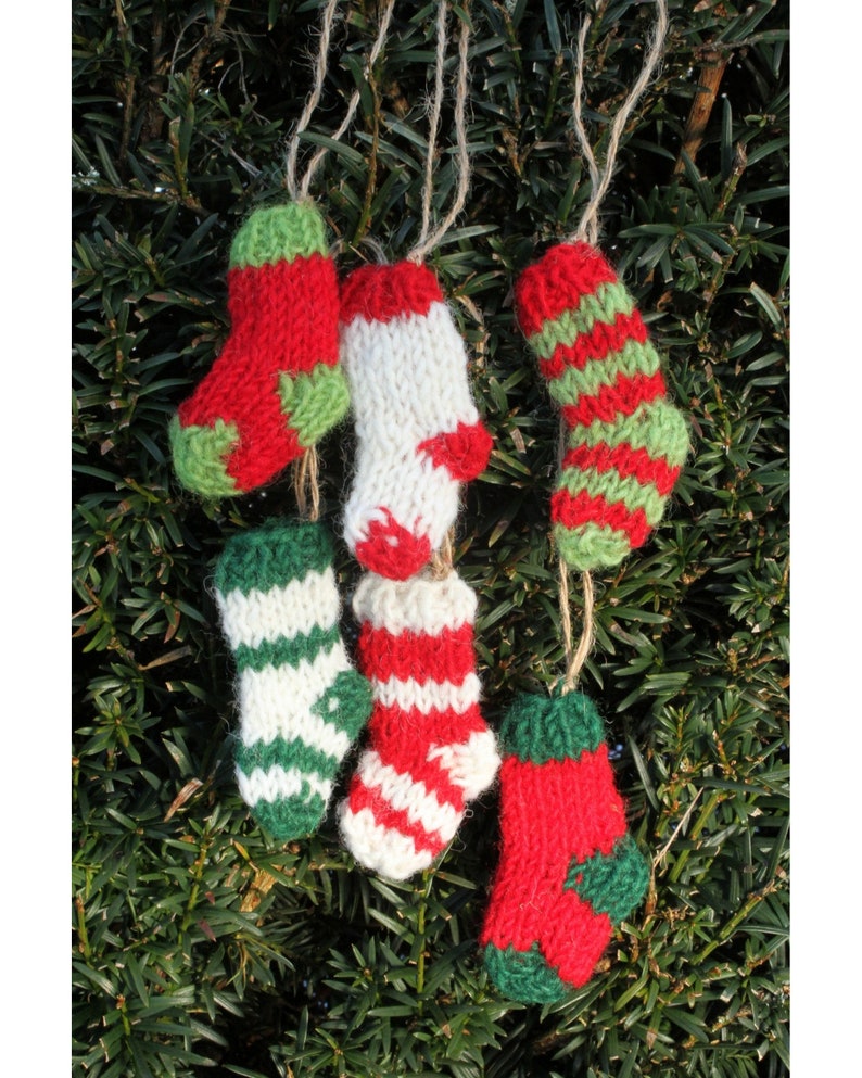 Hand Knitted Miniature Stockings 6 Pack Christmas Decoration, 100% Wool Hanging Tree Ornament, Fair Trade Assorted Colours, Xmas Quirky Fun image 2