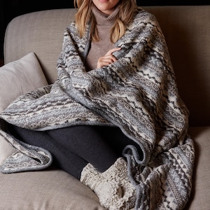 K&ouml;nnte beinhalten: Eine Person sitzt auf einem Sofa, eingeh&uuml;llt in eine grau-wei&szlig; gemusterte Decke. Die Decke hat ein geometrisches Design. Die Person tr&auml;gt graue Leggings und gestrickte Socken. Das Sofa hat eine neutrale Farbe.