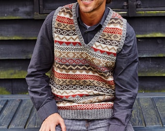 Men's Fair Isle Knitted Tank Top - 100% Wool - Sleeveless Pullover - Spring Jumper - Earthy - Fair Trade - Ethical Clothing - Pachamama