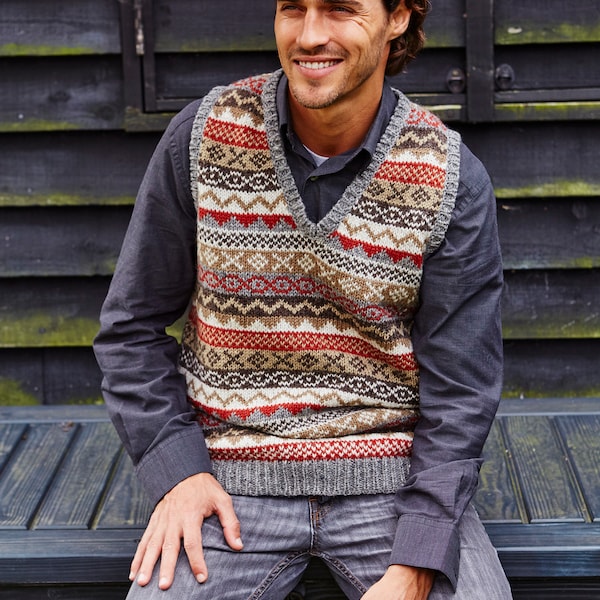 Men's Fair Isle Knitted Tank Top - 100% Wool - Sleeveless Pullover - Spring Jumper - Earthy - Fair Trade - Ethical Clothing - Pachamama