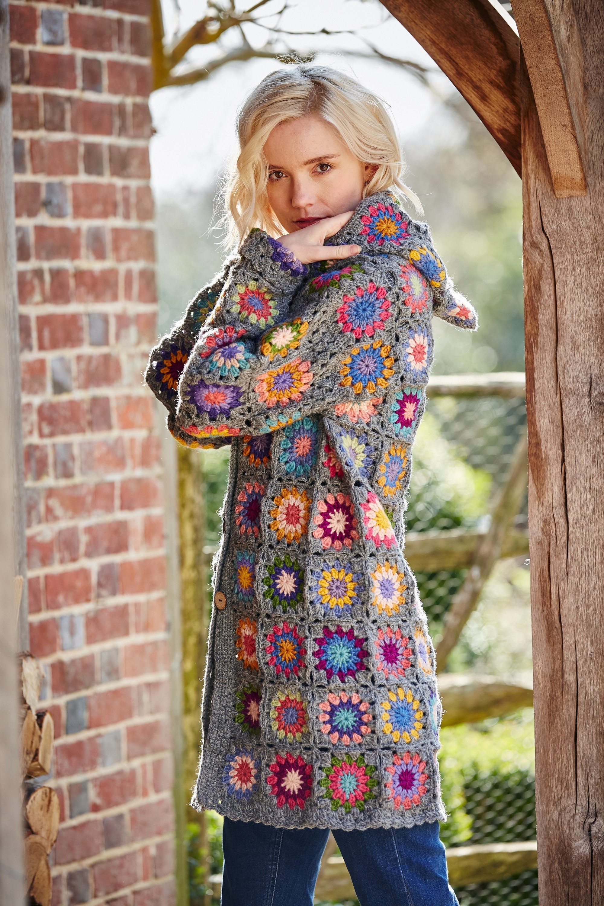 PACHAMAMA /パチャママ ヴィンテージ　ハンドメイド　カーディガン Women's Crochet Granny Square Cardigan - Grey, 100% Wool