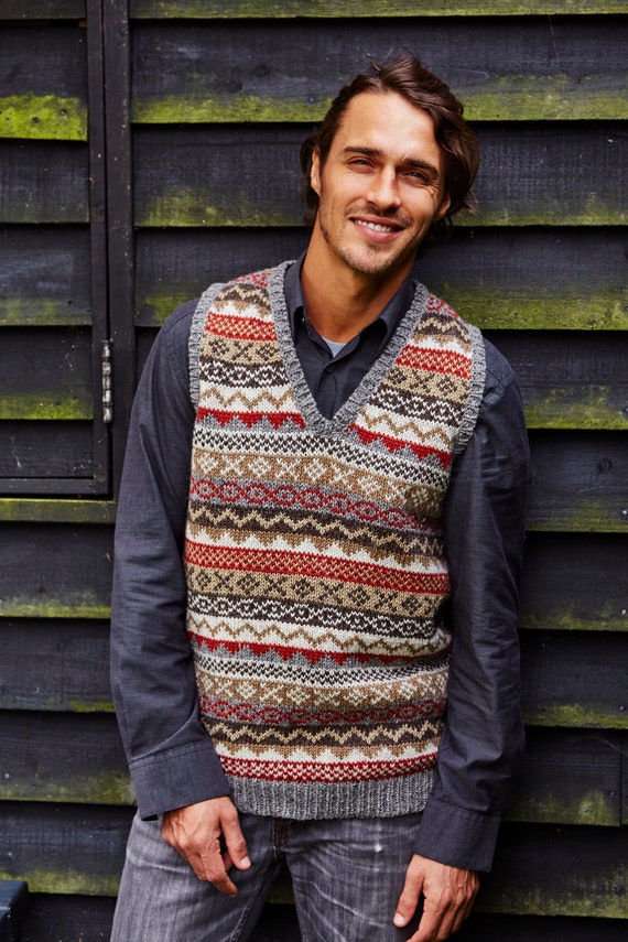 Men's Fair Isle Knitted Tank Top 100% Wool Sleeveless Pullover