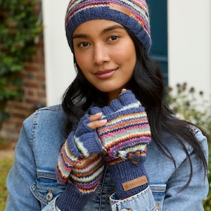 Damen Strick Denim Streifen Handschuh Handschuhe - Stripey Mittens - Denim Strickhandschuhe - Blaues Streifen Muster - 100% Wolle - Pachamama