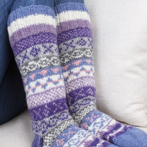 Women's Knitted Long Socks Fair Isle Sofa Socks 100% Wool Fair Trade Cosy Loungewear Socks Handmade in Nepal Pachamama Jacaranda