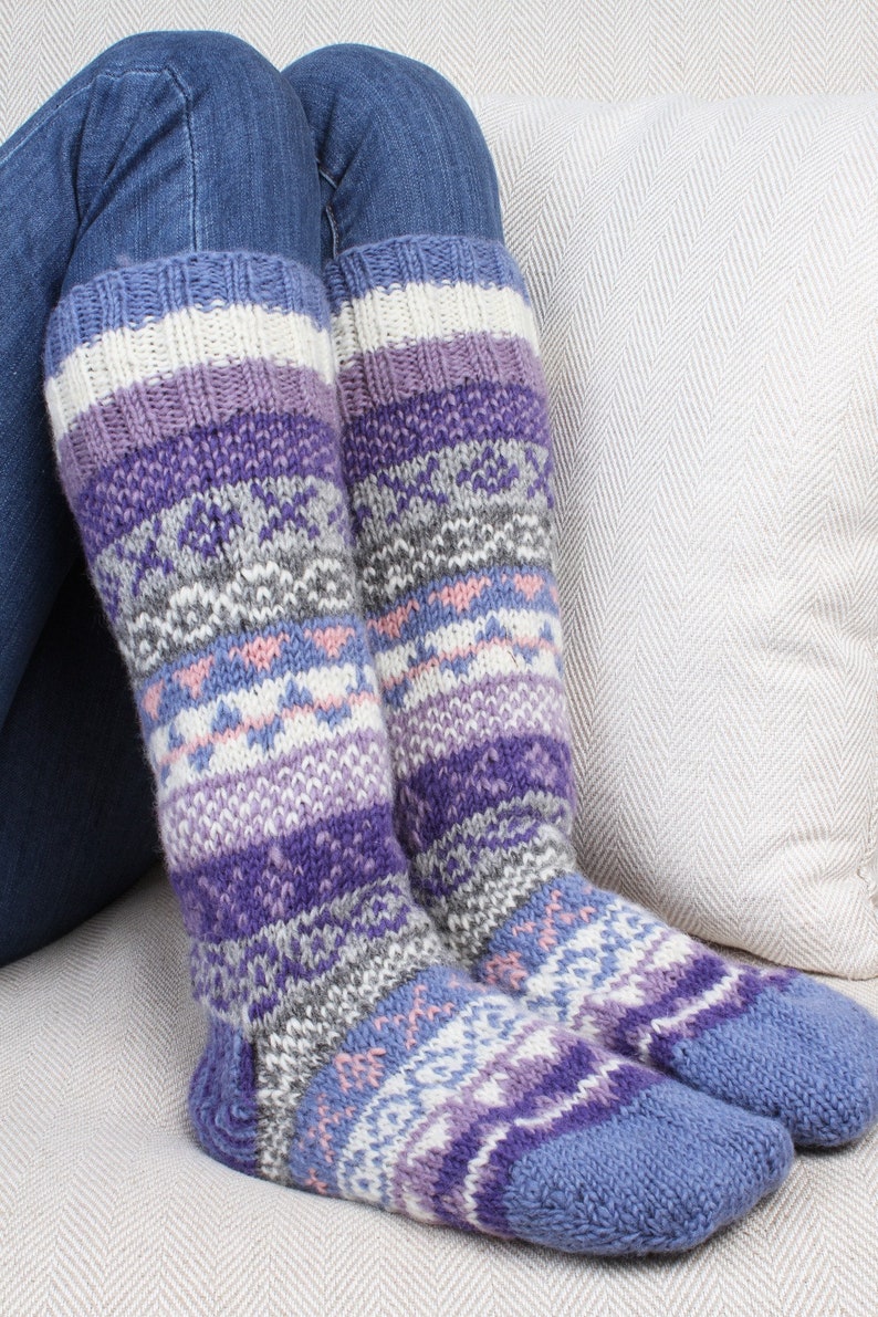 Women's Knitted Long Socks Fair Isle Sofa Socks 100% Wool Fair Trade Cosy Loungewear Socks Handmade in Nepal Pachamama Jacaranda